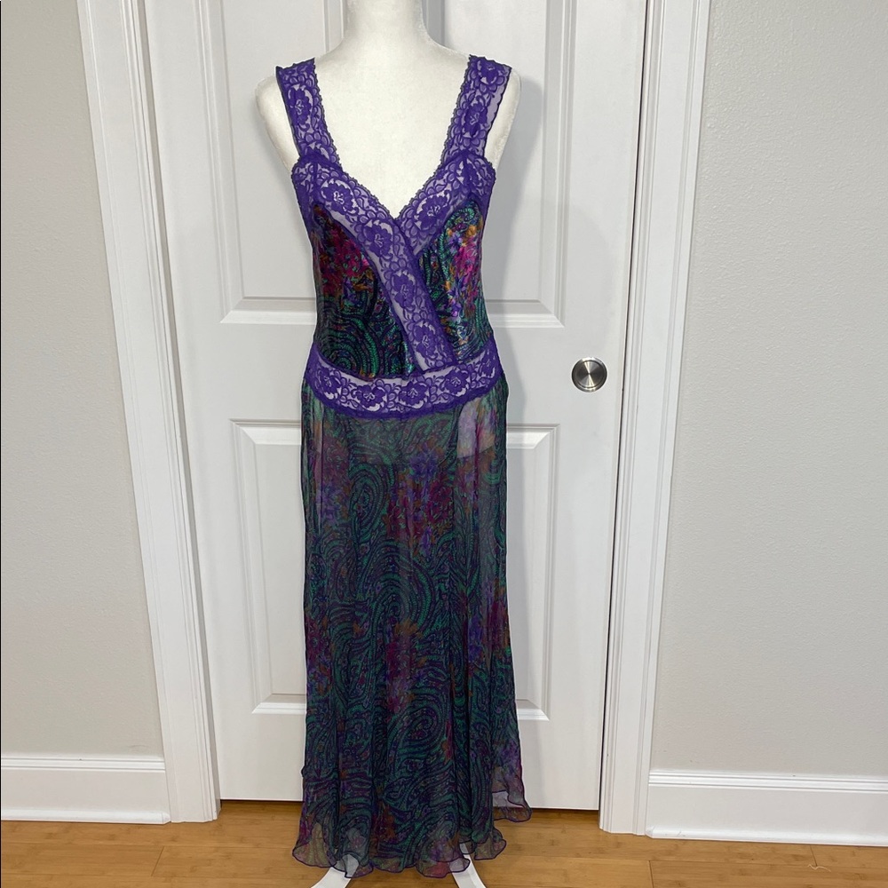 Victoria’s Secret Sheer Chiffon Lace Slip Dress Medium Paisley Purple Gold Label